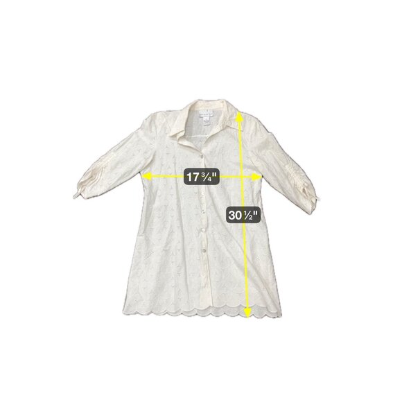 Susan Graver White Eyelet Button Down Shirt Ruched Sleeves Scalloped Hem Sz M - Picture 6 of 8